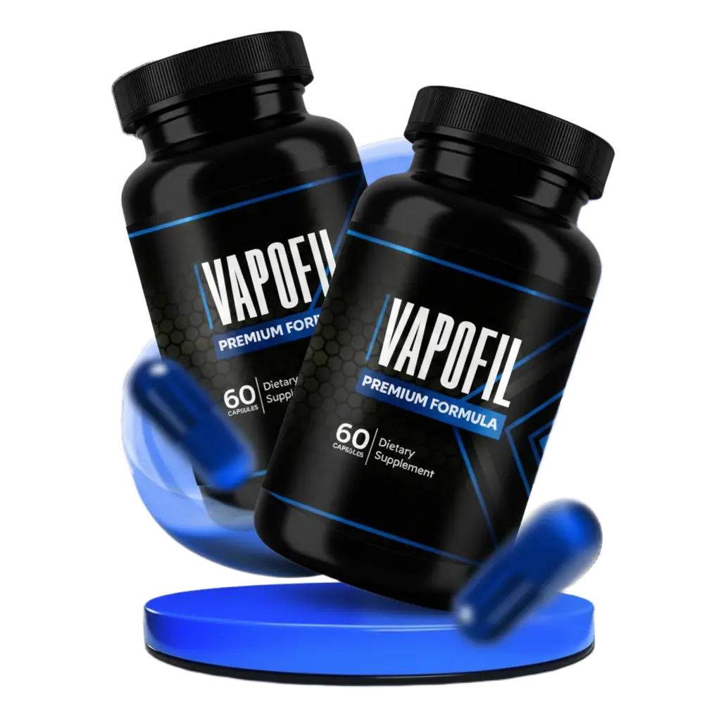 Single bottle of Vapofil supplement for men's performance, featuring a professional blue and silver label design, positioned as the primary product shot.